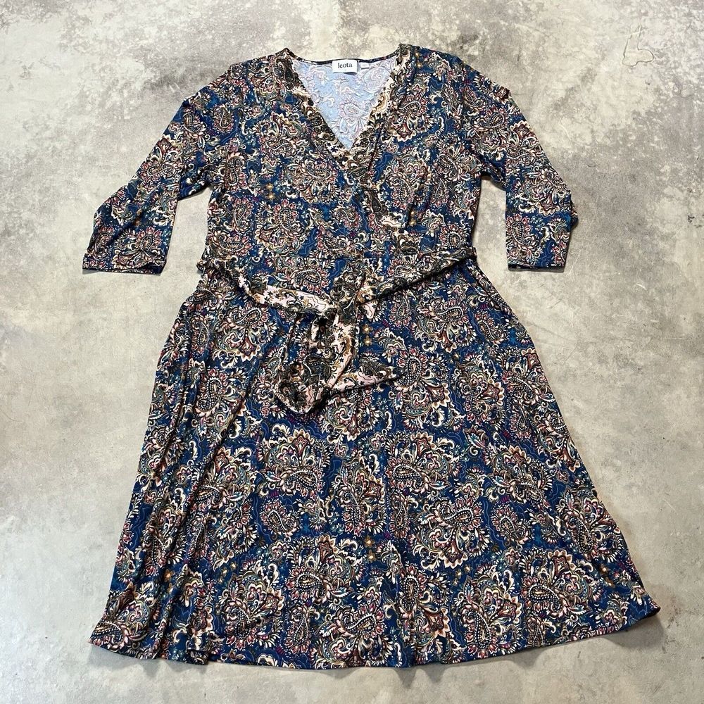 Leota Wrap Dress Womens 1X Banded V Neck Geo Paisley Print Boho Chic Office